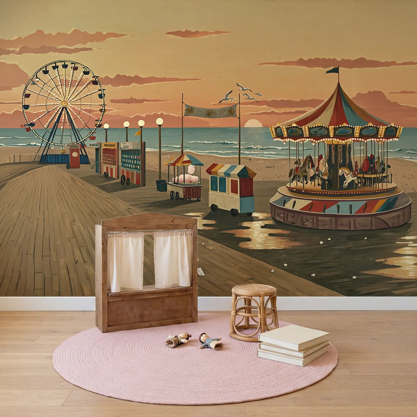 Vintage Coastal Carnival Wallpaper Mural in playroom setting by Whimsy Tots
