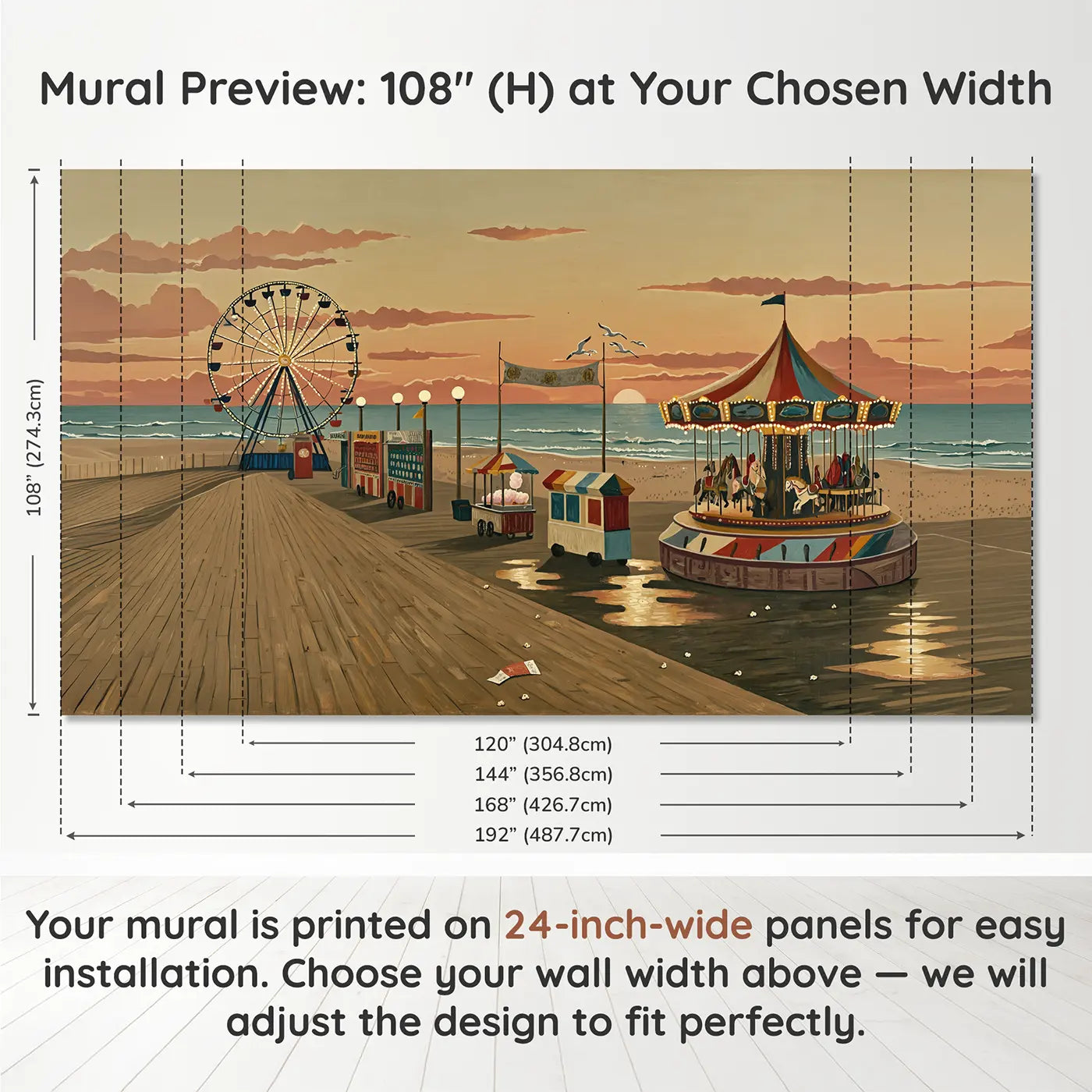 Panel layout and dimensions for Vintage Coastal Carnival Wallpaper Mural by Whimsy Tots