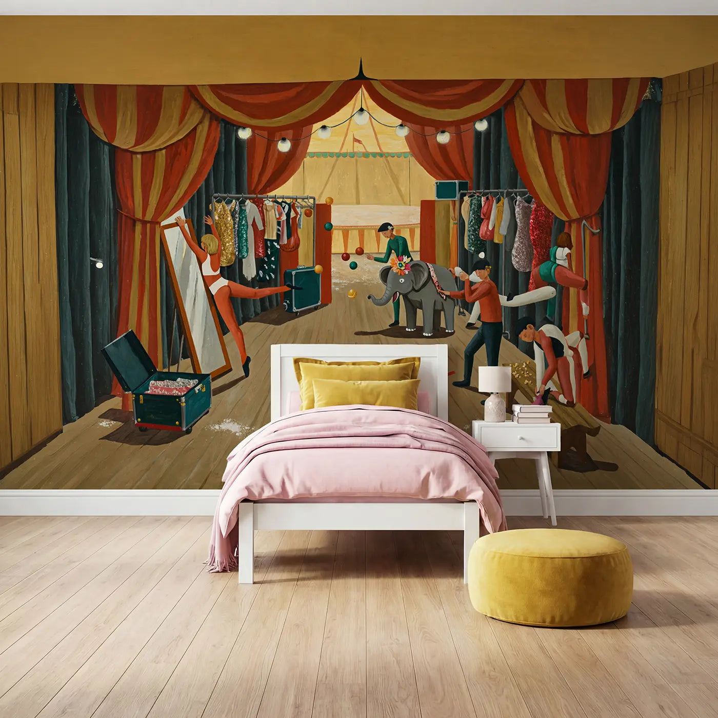 modern illustration circus backstage performers big top mural for girls room by Whimsy Tots