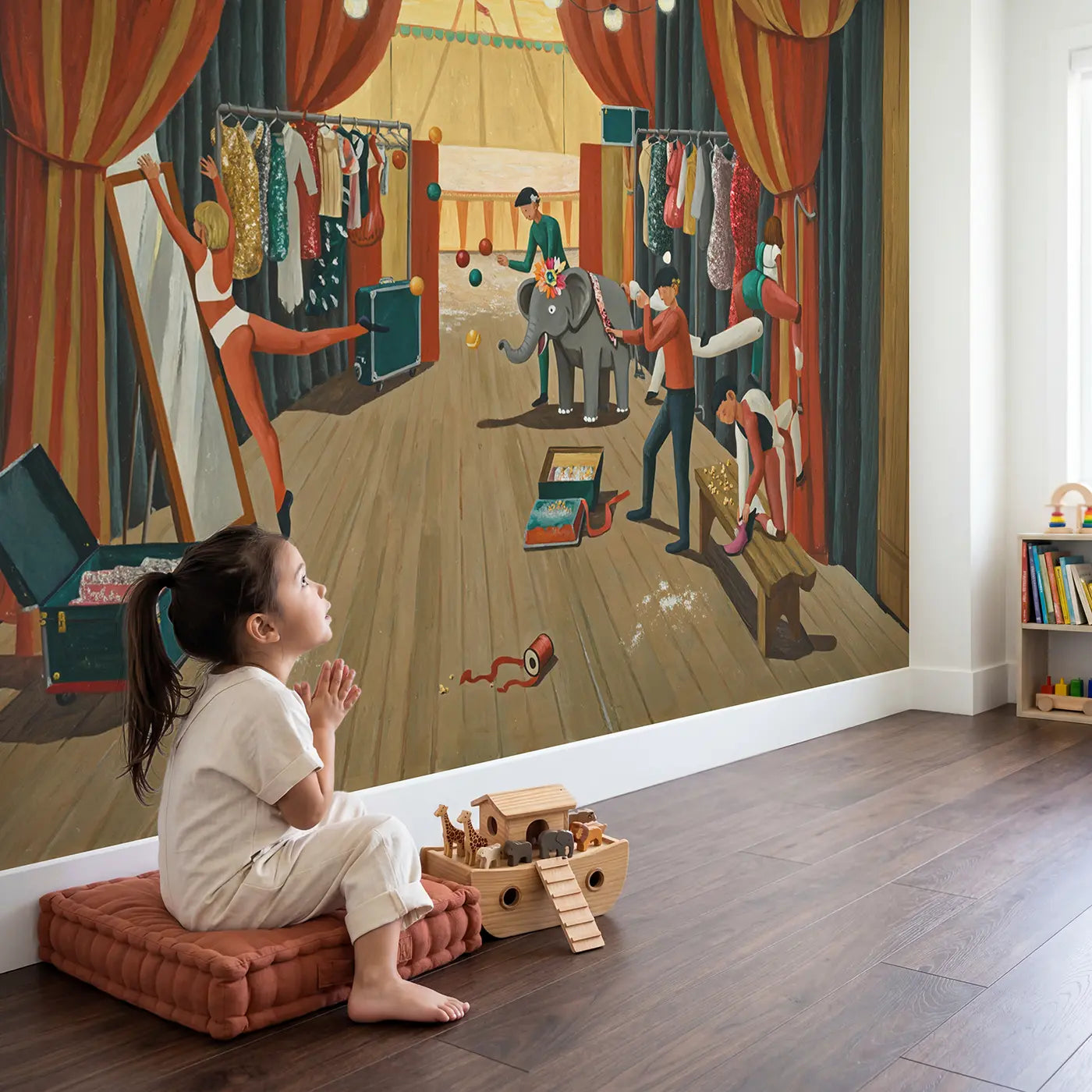Child in nursery with Circus Backstage Warmup Wallpaper Mural by Whimsy Tots