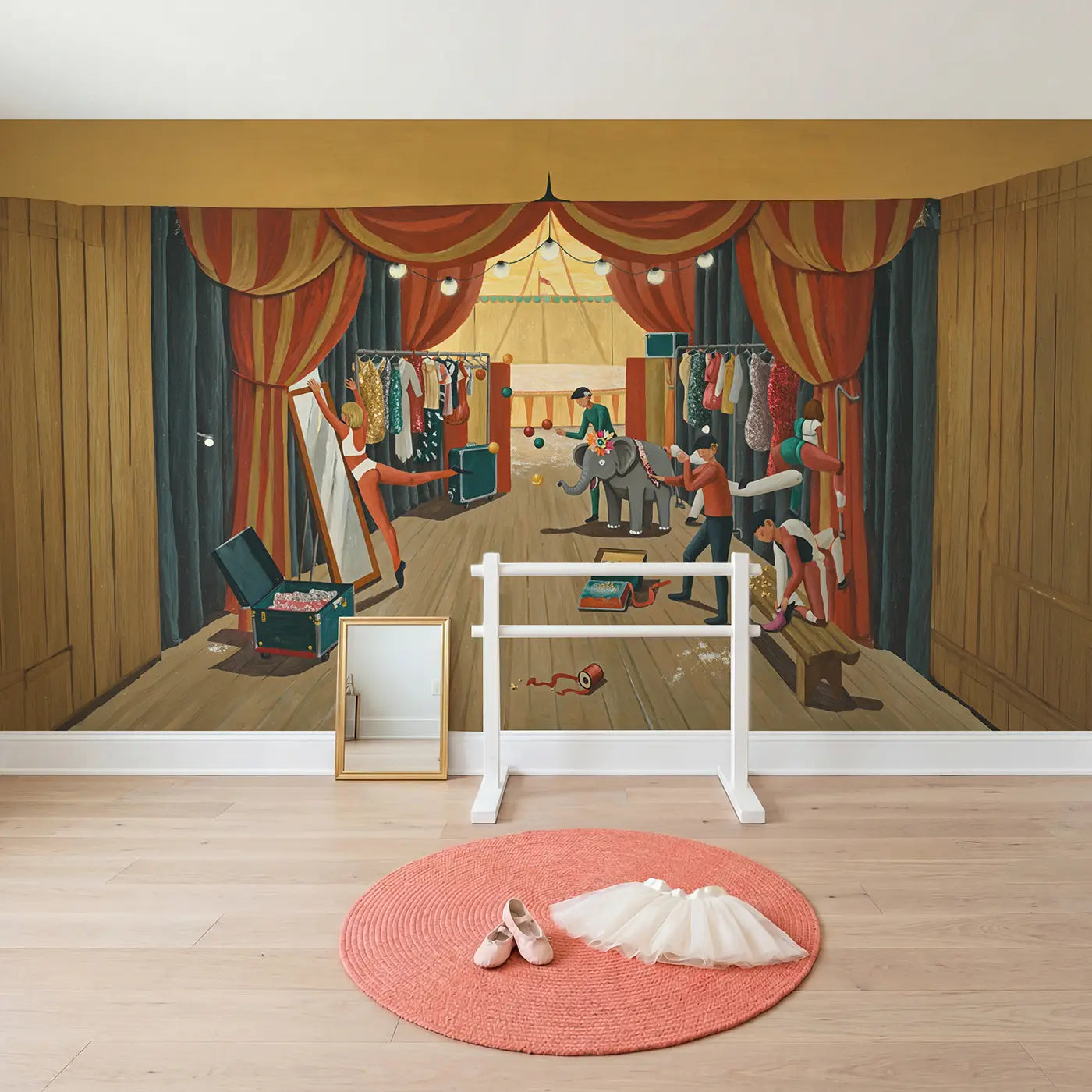 Circus Backstage Warmup Wallpaper Mural in playroom setting by Whimsy Tots