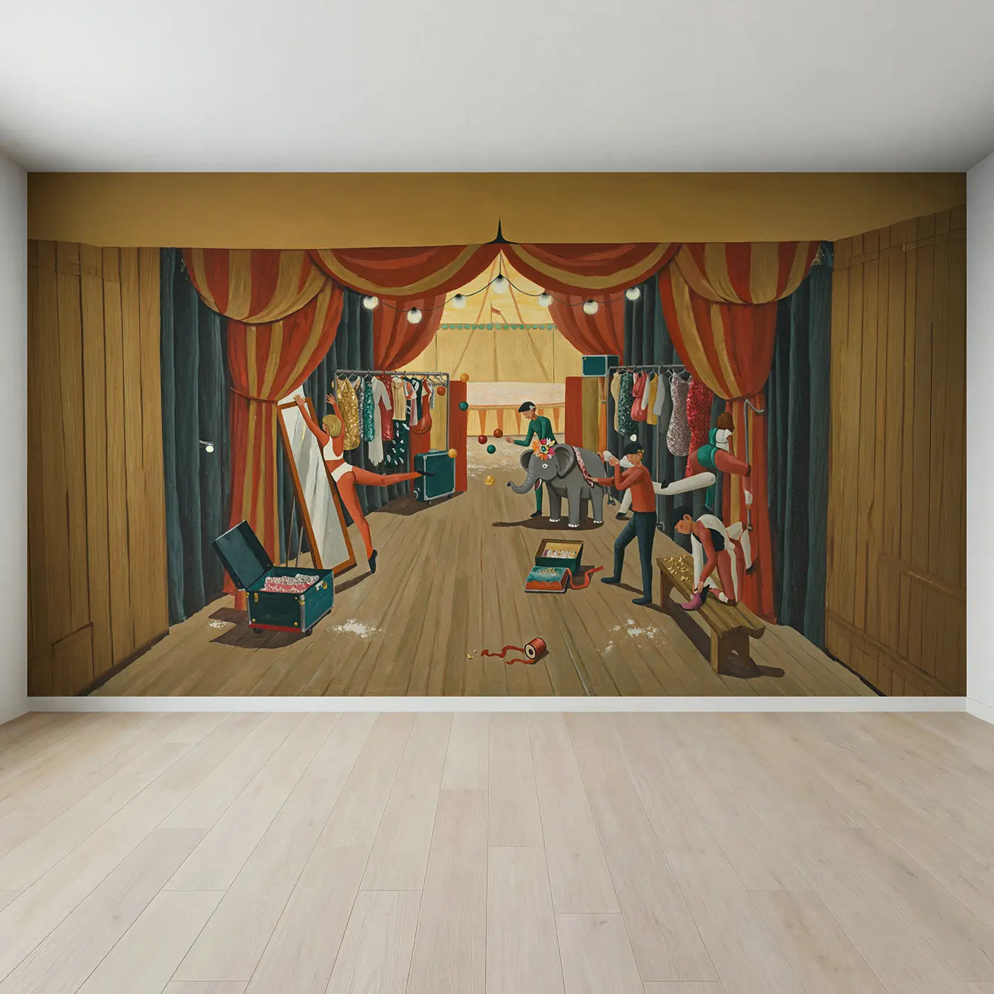 Full view of Circus Backstage Warmup Wallpaper Mural by Whimsy Tots