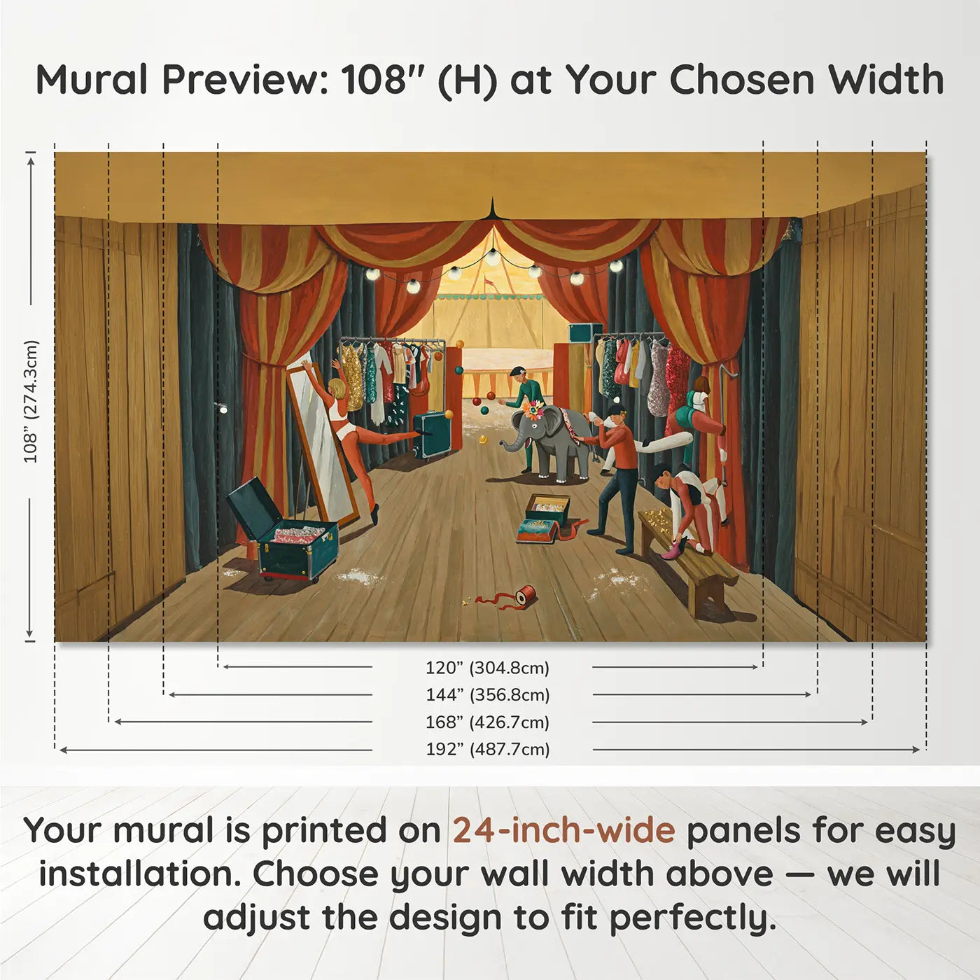 Panel layout and dimensions for Circus Backstage Warmup Wallpaper Mural by Whimsy Tots