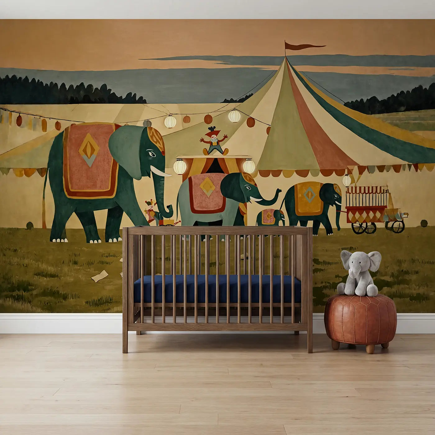 Modern illustration circus elephant parade wallpaper mural for nursery by Whimsy Tots
