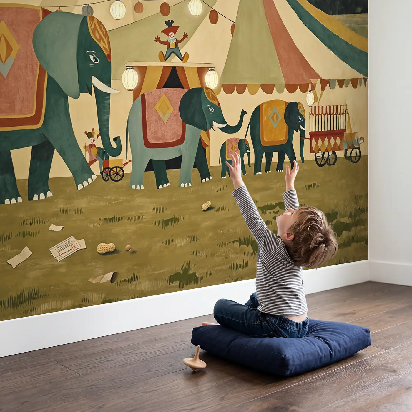 Child in nursery with Circus Elephant Parade Wallpaper Mural by Whimsy Tots