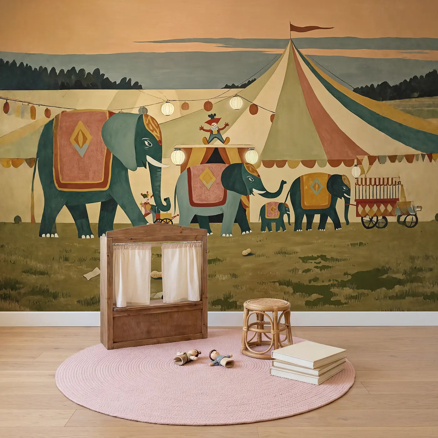 Circus Elephant Parade Wallpaper Mural in playroom setting by Whimsy Tots
