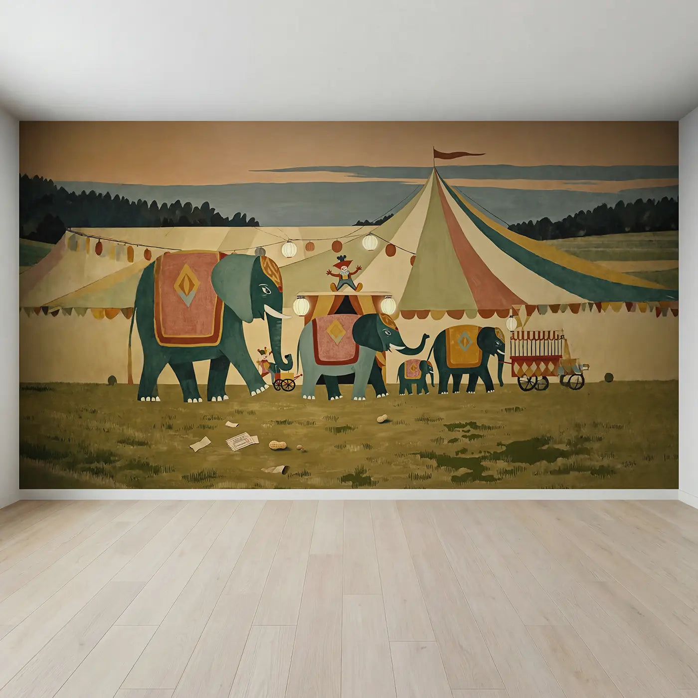 Full view of Circus Elephant Parade Wallpaper Mural by Whimsy Tots