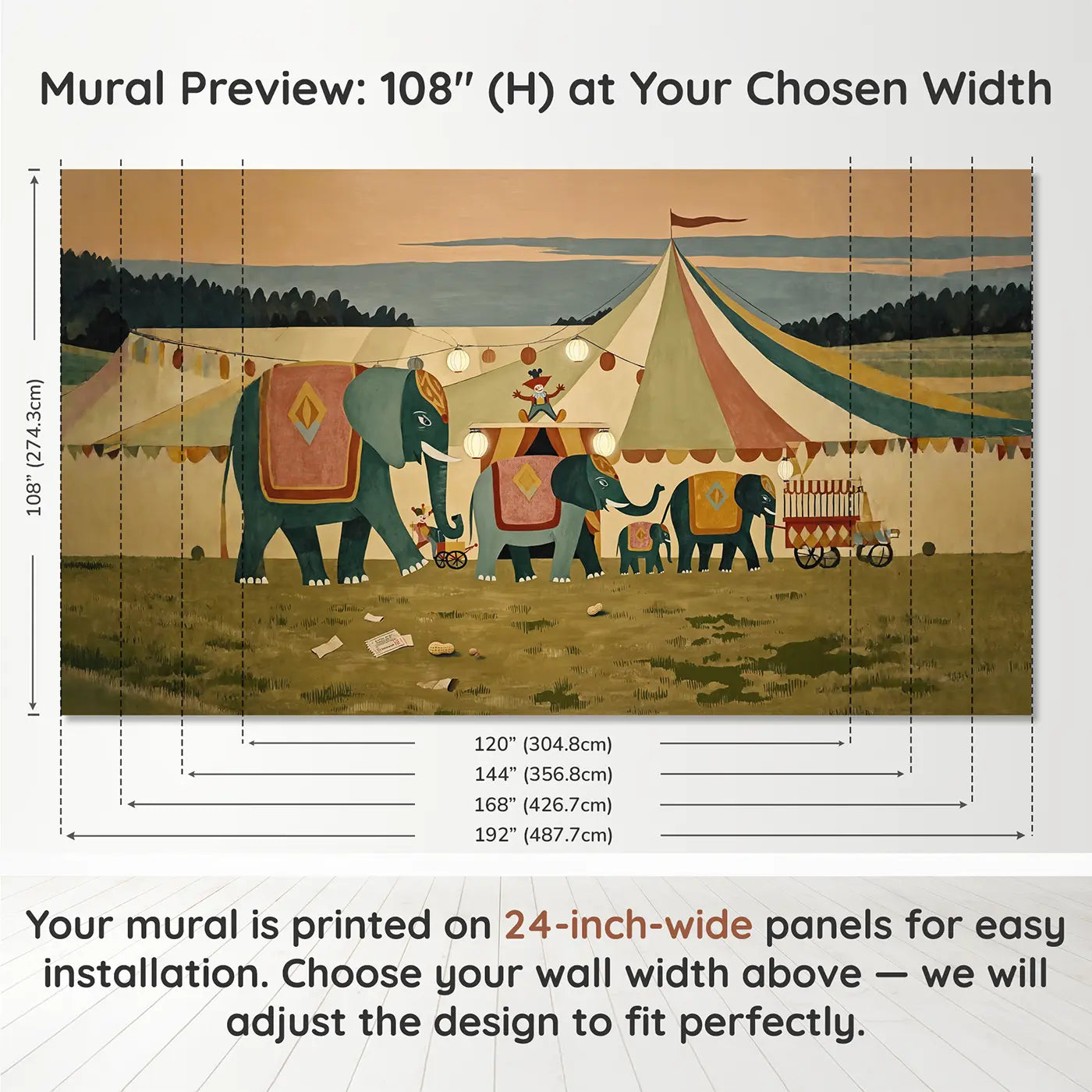 Panel layout and dimensions for Circus Elephant Parade Wallpaper Mural by Whimsy Tots