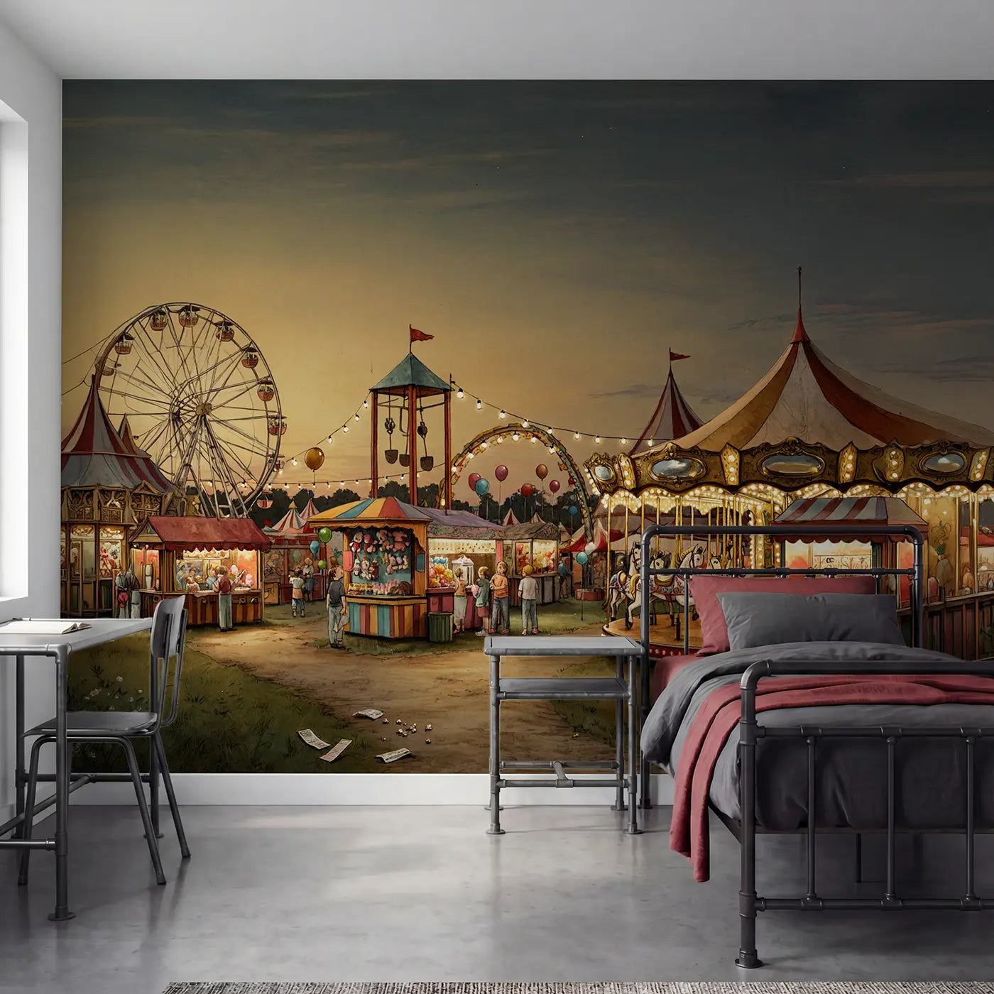 Storybook carnival midway Ferris wheel wallpaper mural for boys room by Whimsy Tots