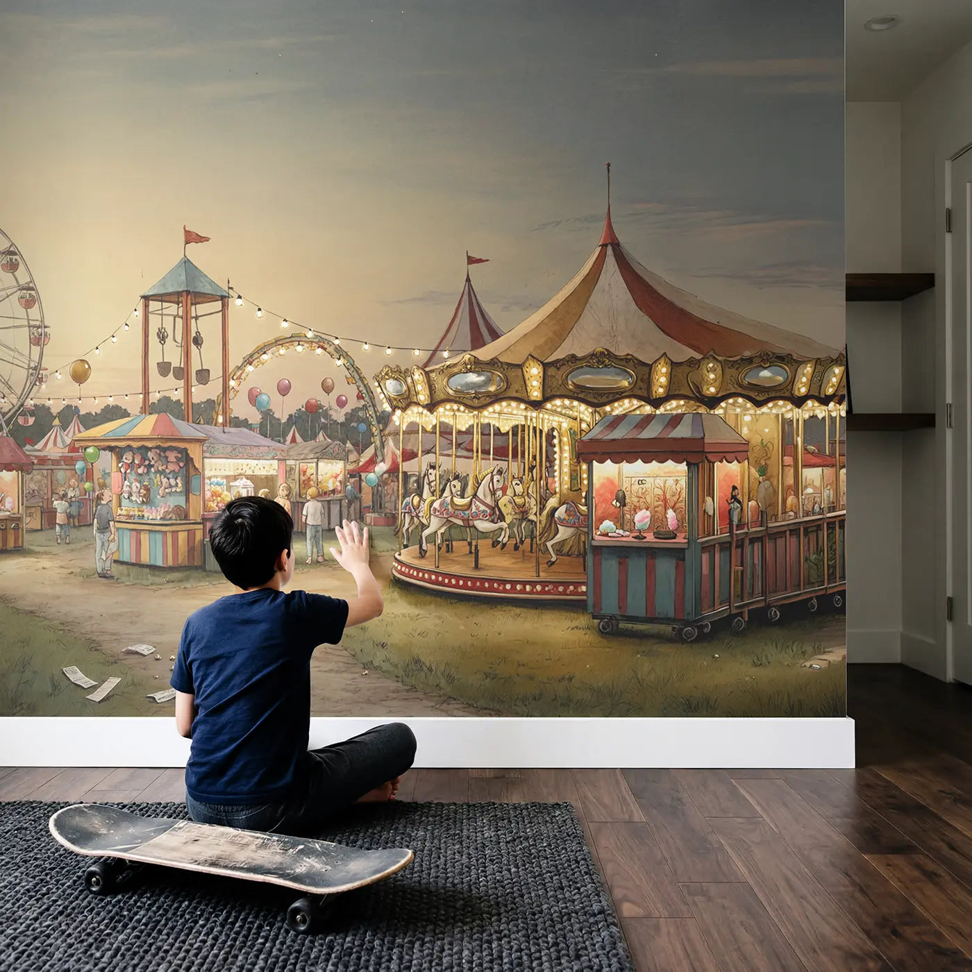 Child in nursery with Carnival Midway Evening Wallpaper Mural by Whimsy Tots