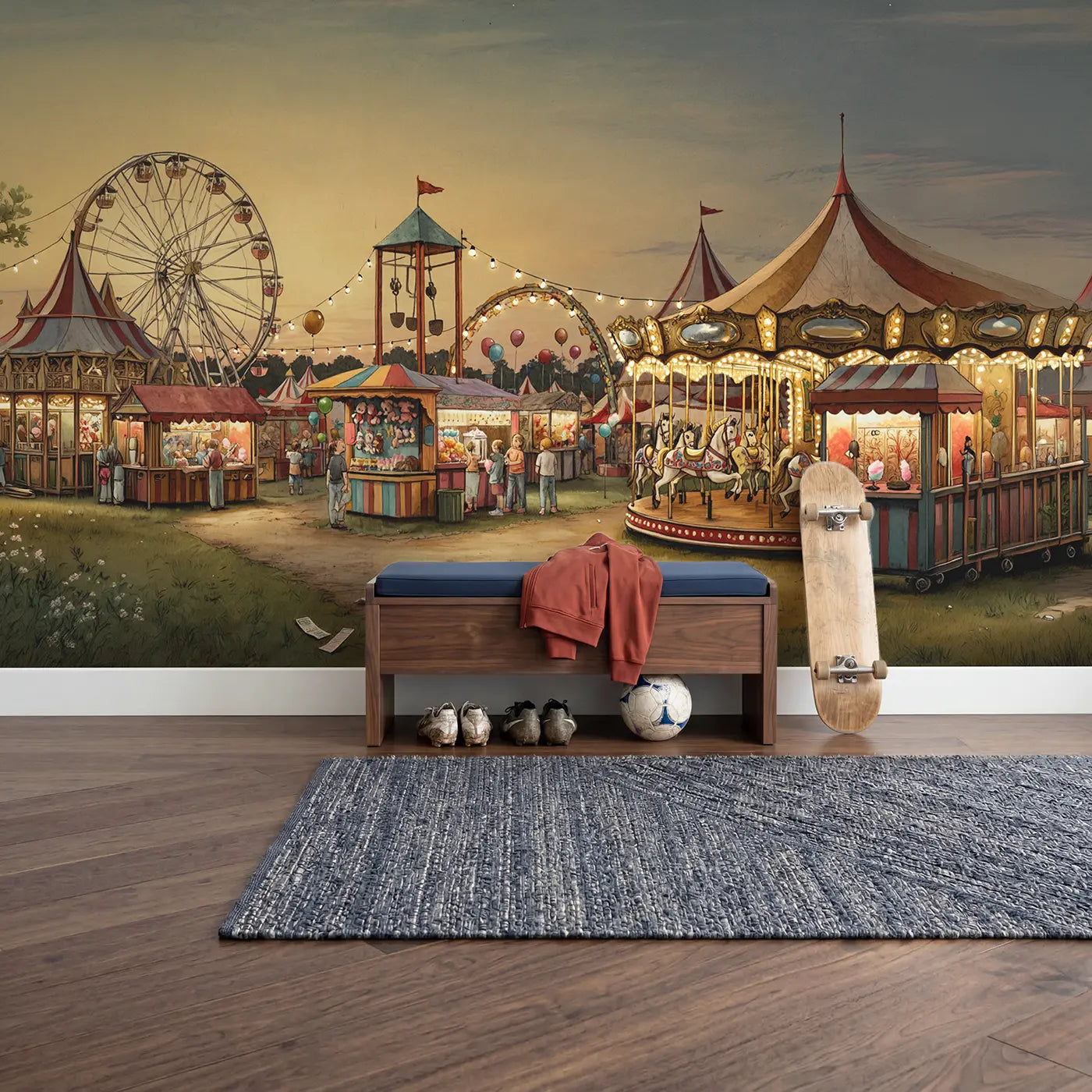 Carnival Midway Evening Wallpaper Mural in playroom setting by Whimsy Tots