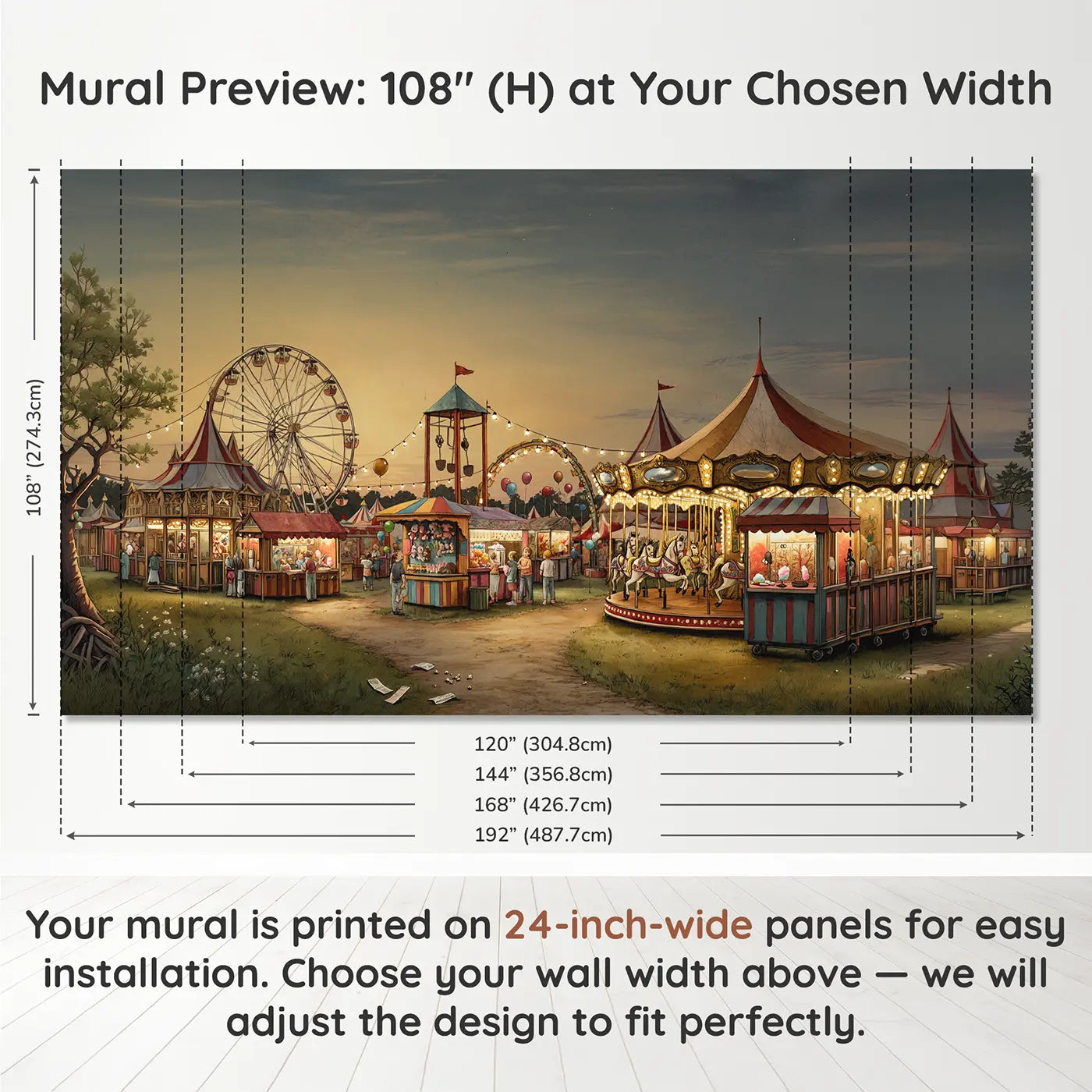Panel layout and dimensions for Carnival Midway Evening Wallpaper Mural by Whimsy Tots