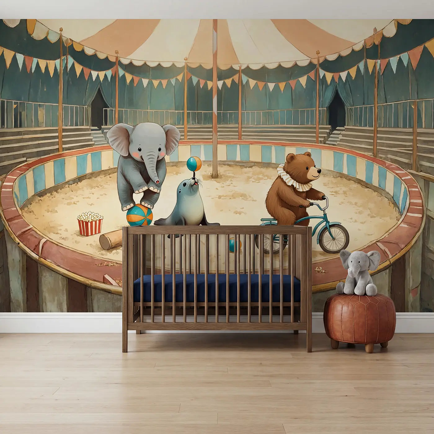 Soft pastel circus rehearsal animals tent wallpaper mural for nursery by Whimsy Tots