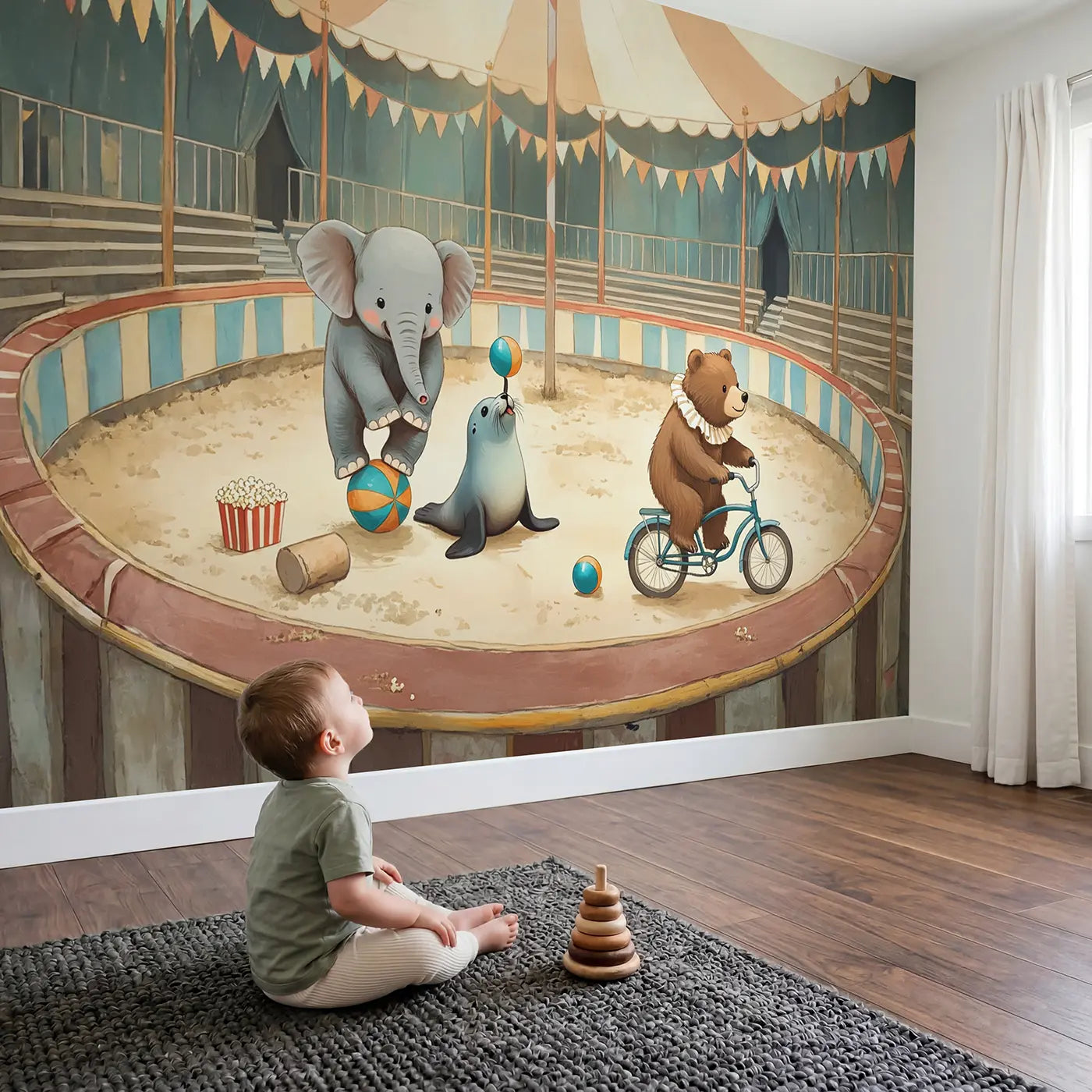 Child in nursery with Circus Rehearsal Morning Wallpaper Mural by Whimsy Tots