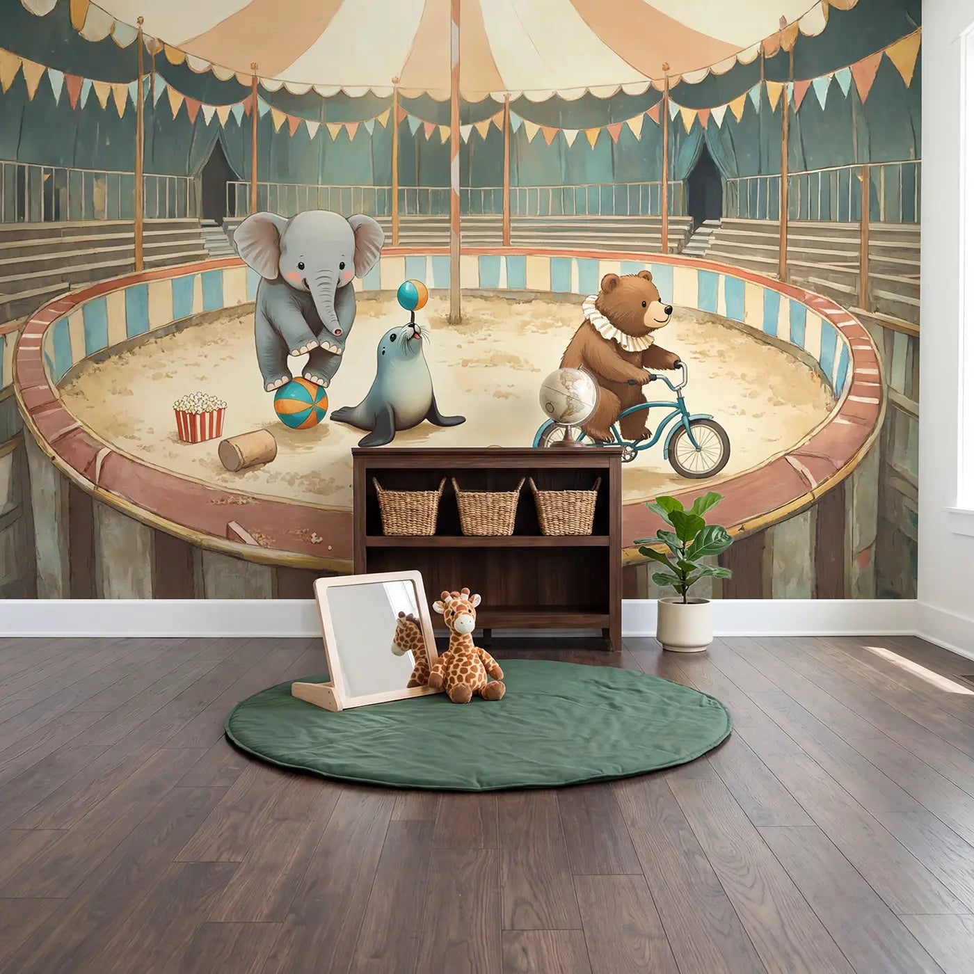 Circus Rehearsal Morning Wallpaper Mural in playroom setting by Whimsy Tots