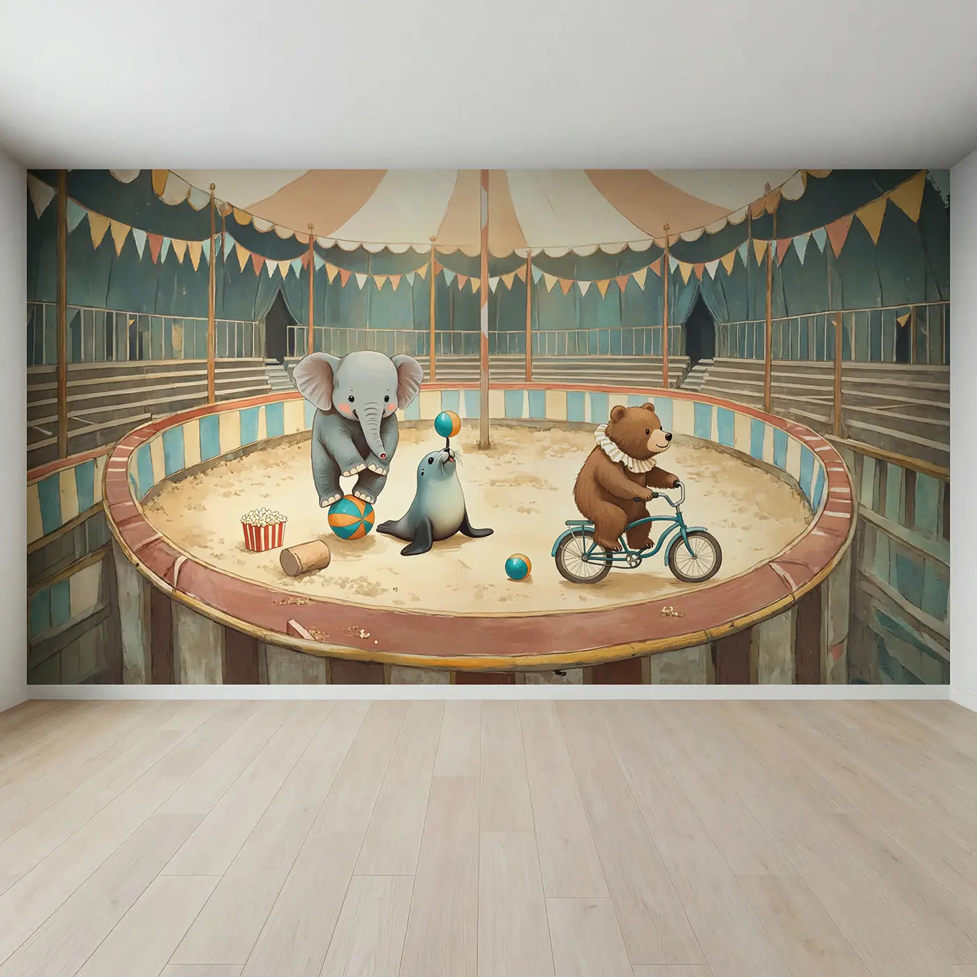 Full view of Circus Rehearsal Morning Wallpaper Mural by Whimsy Tots