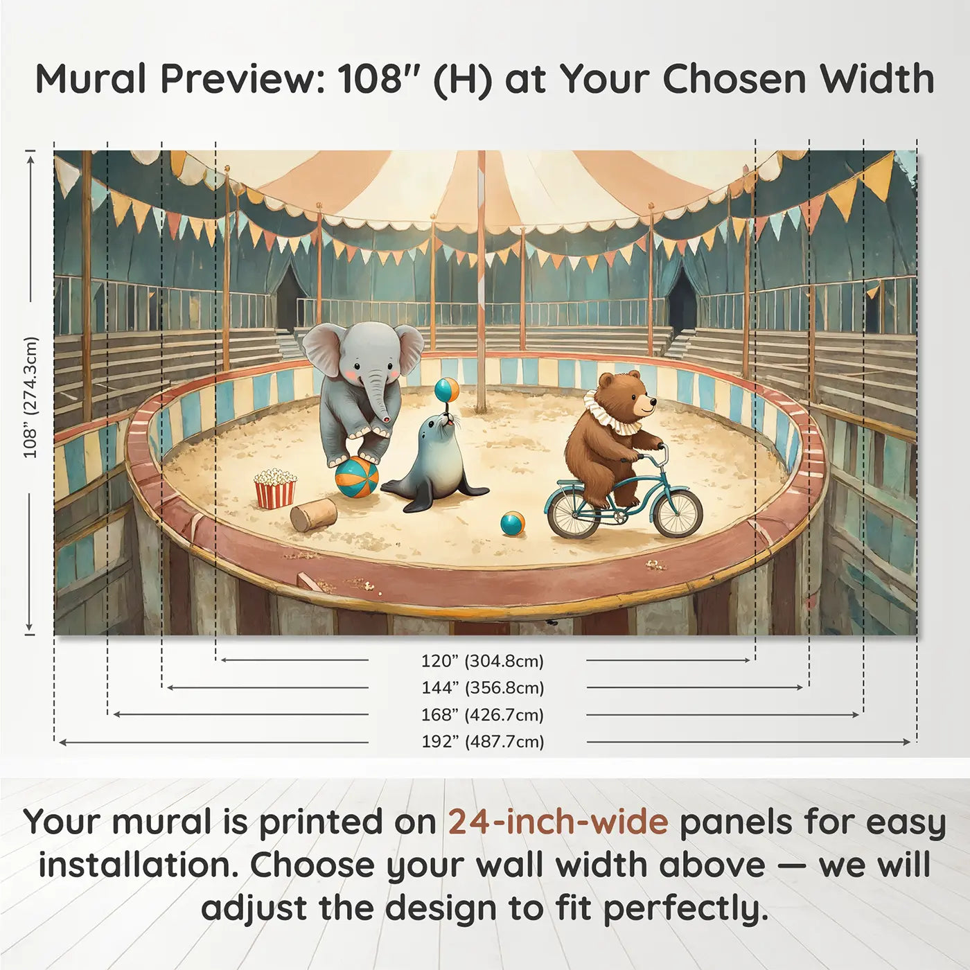 Panel layout and dimensions for Circus Rehearsal Morning Wallpaper Mural by Whimsy Tots