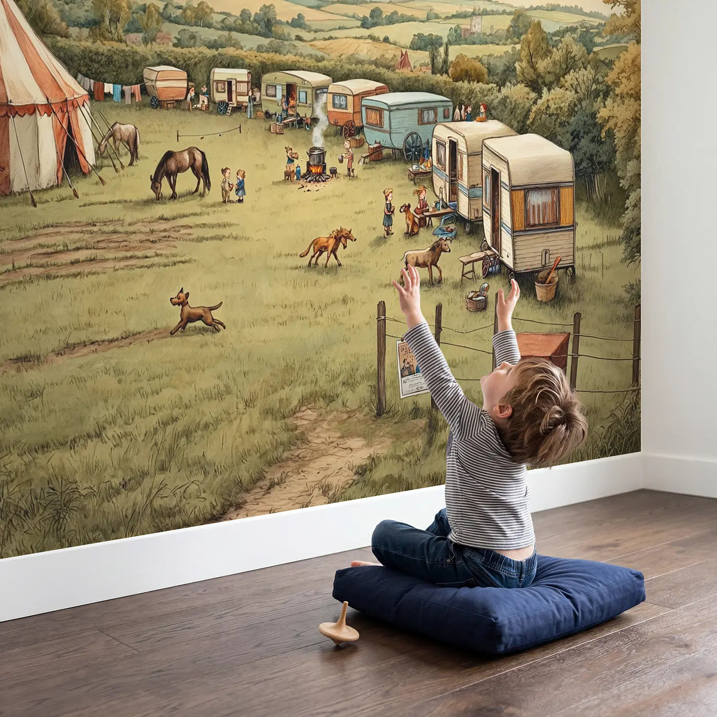 Child in nursery with Circus Caravan Camp Wallpaper Mural by Whimsy Tots
