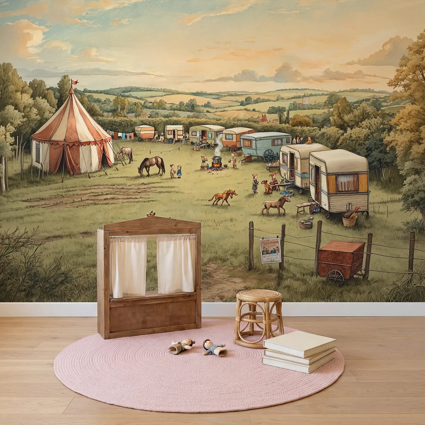 Circus Caravan Camp Wallpaper Mural in playroom setting by Whimsy Tots