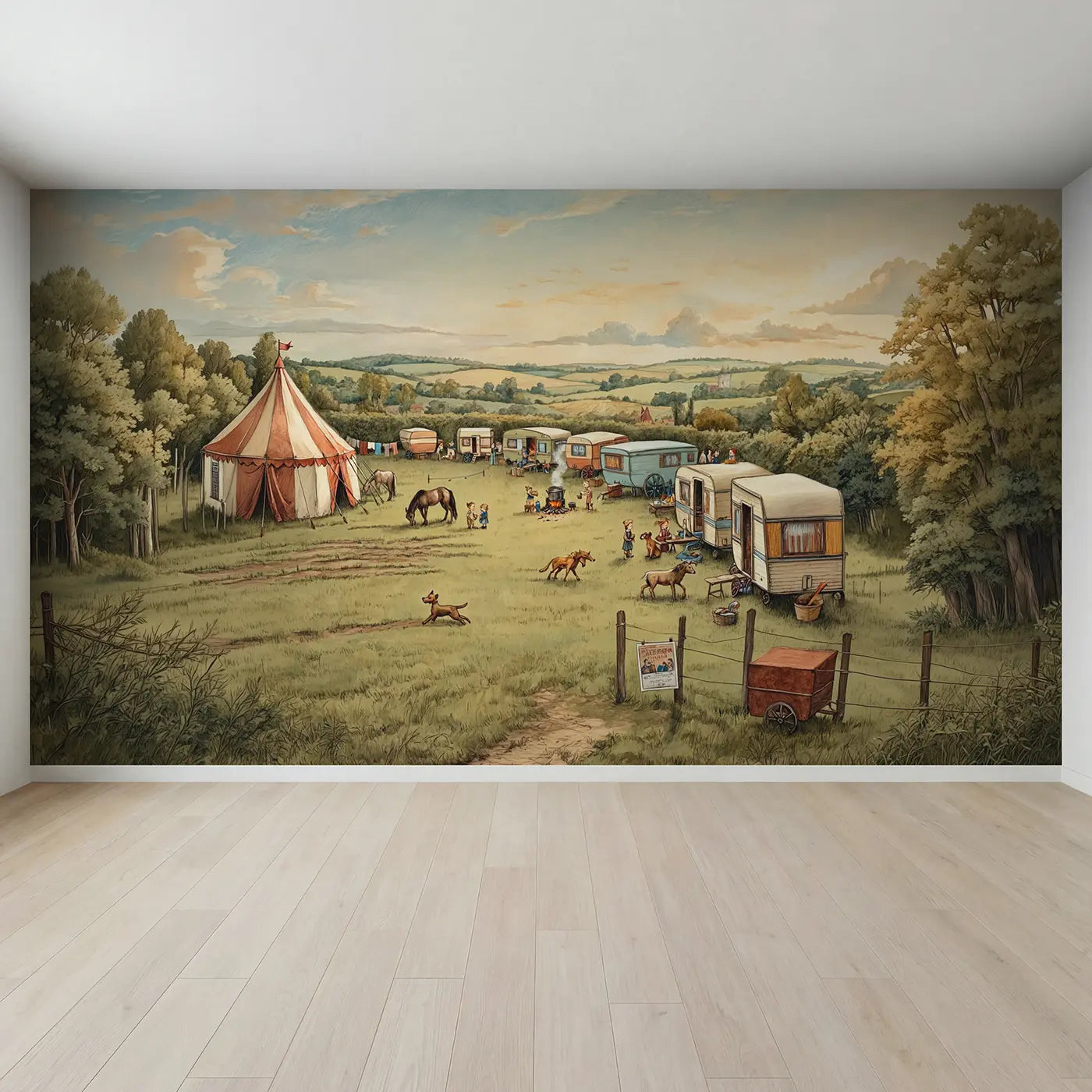 Full view of Circus Caravan Camp Wallpaper Mural by Whimsy Tots