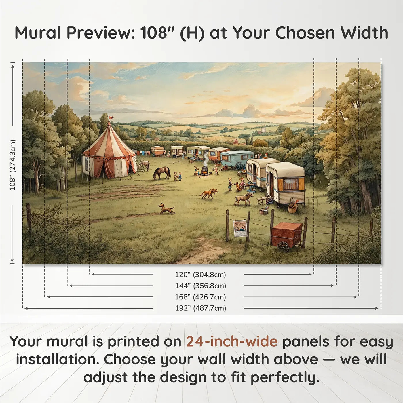 Panel layout and dimensions for Circus Caravan Camp Wallpaper Mural by Whimsy Tots