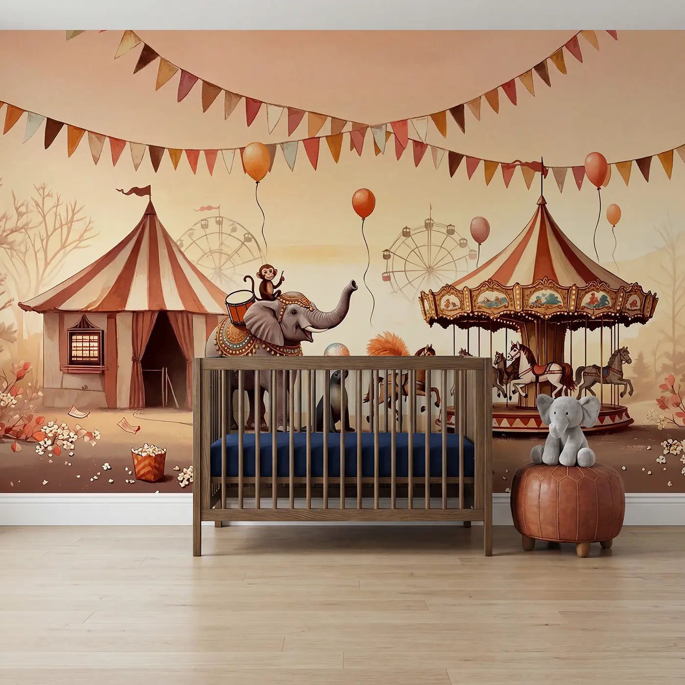 Soft pastel elephant and seal carnival wallpaper mural for nursery by Whimsy Tots