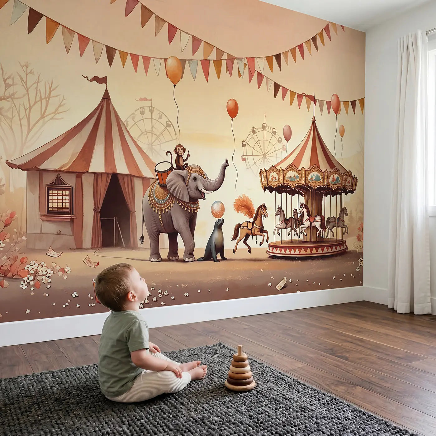 Child in nursery with Pastel Circus Parade Wallpaper Mural by Whimsy Tots