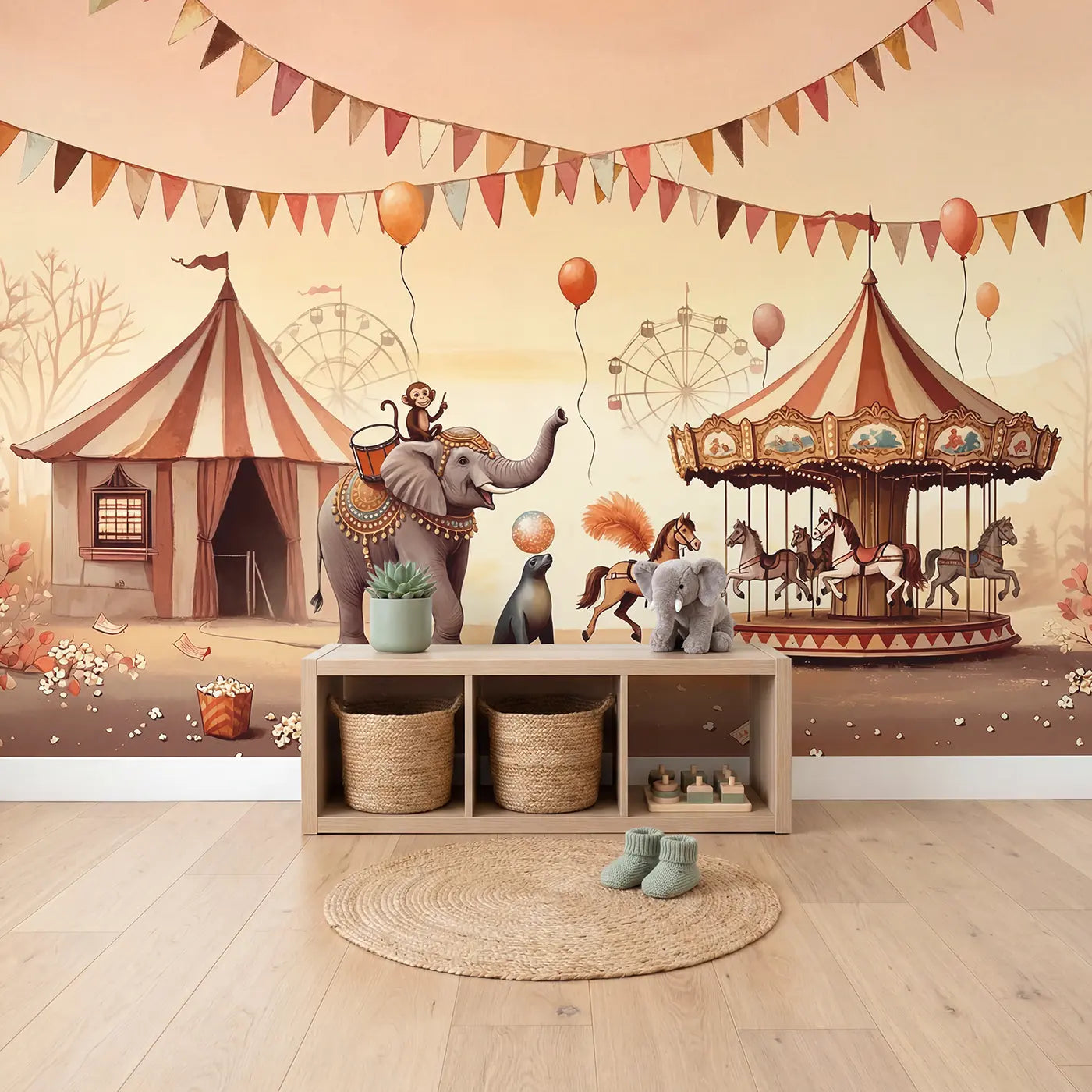 Pastel Circus Parade Wallpaper Mural in playroom setting by Whimsy Tots