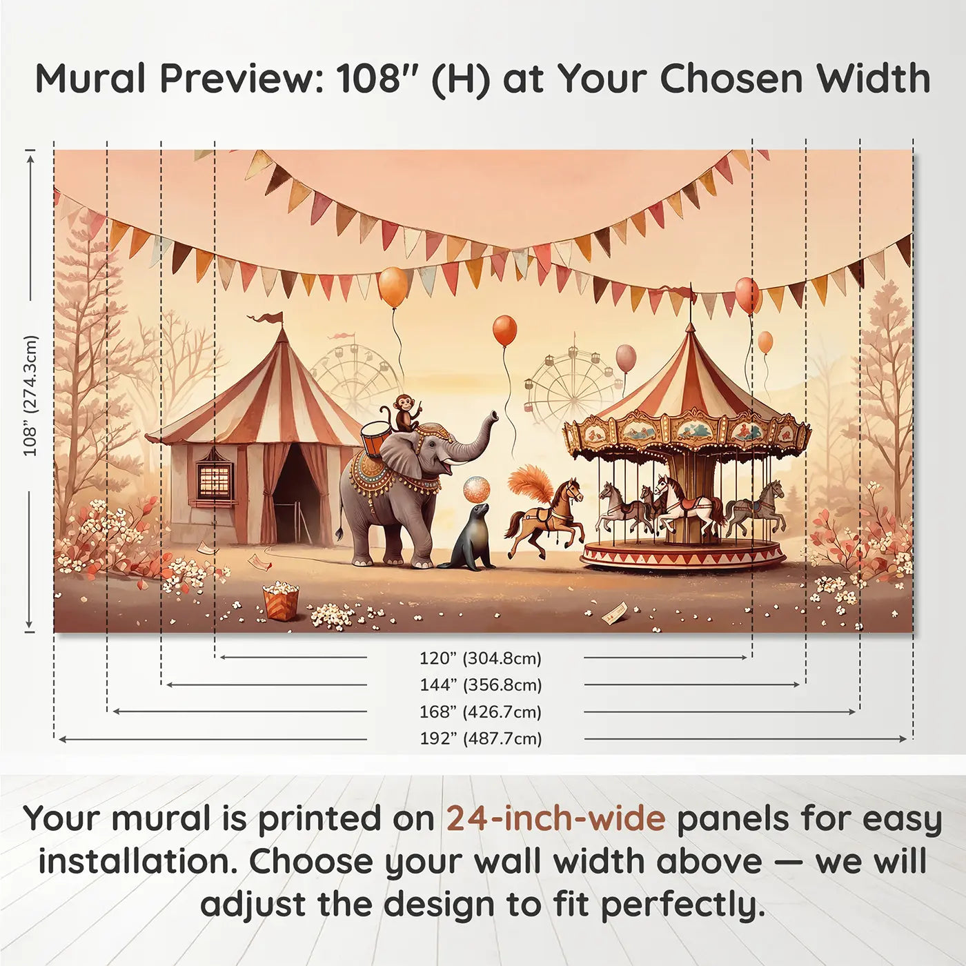 Panel layout and dimensions for Pastel Circus Parade Wallpaper Mural by Whimsy Tots