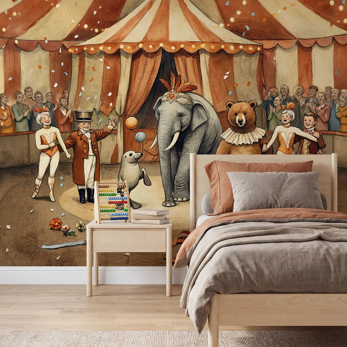 Storybook circus curtain call wallpaper mural for kids room by Whimsy Tots