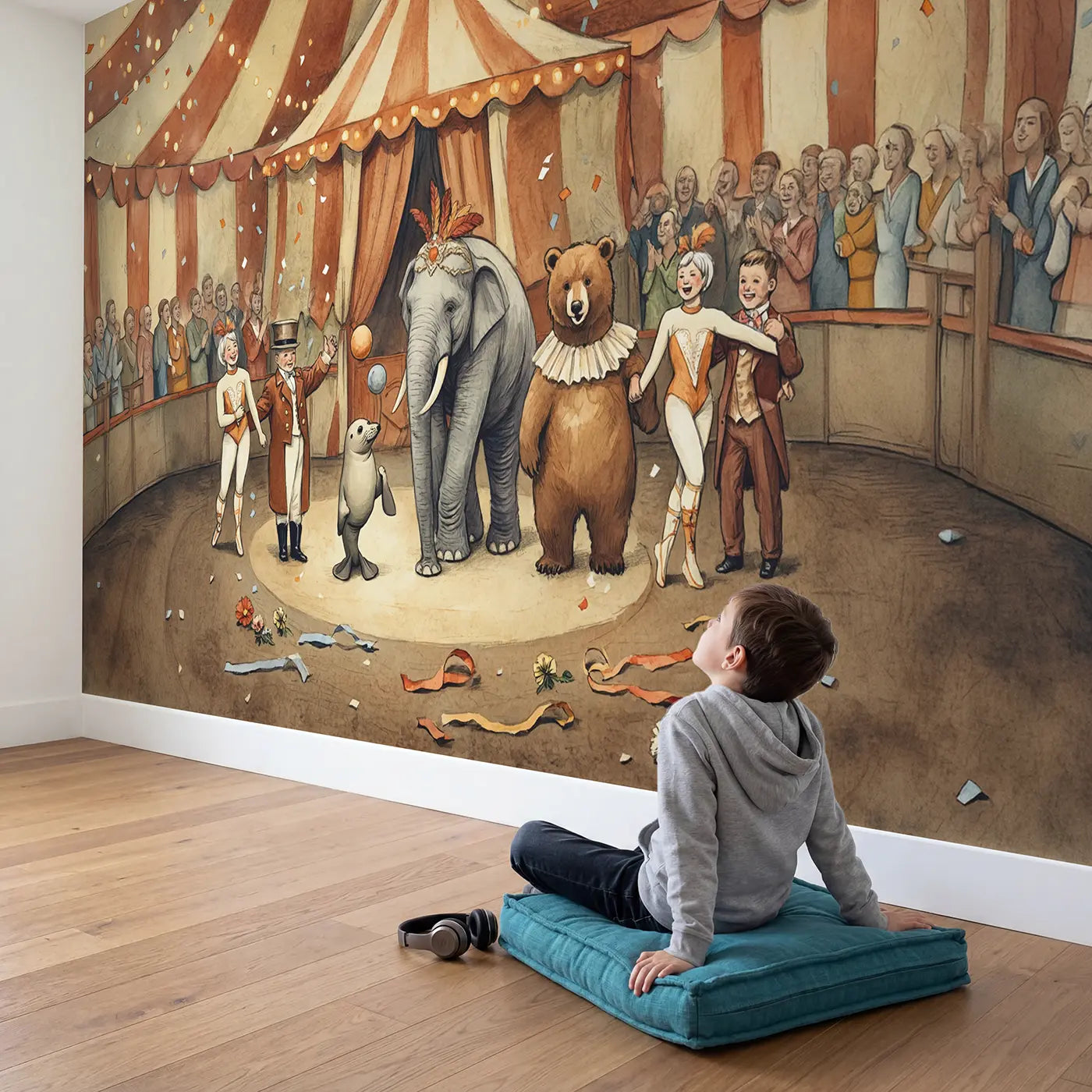 Child in nursery with Circus Curtain Call Wallpaper Mural by Whimsy Tots