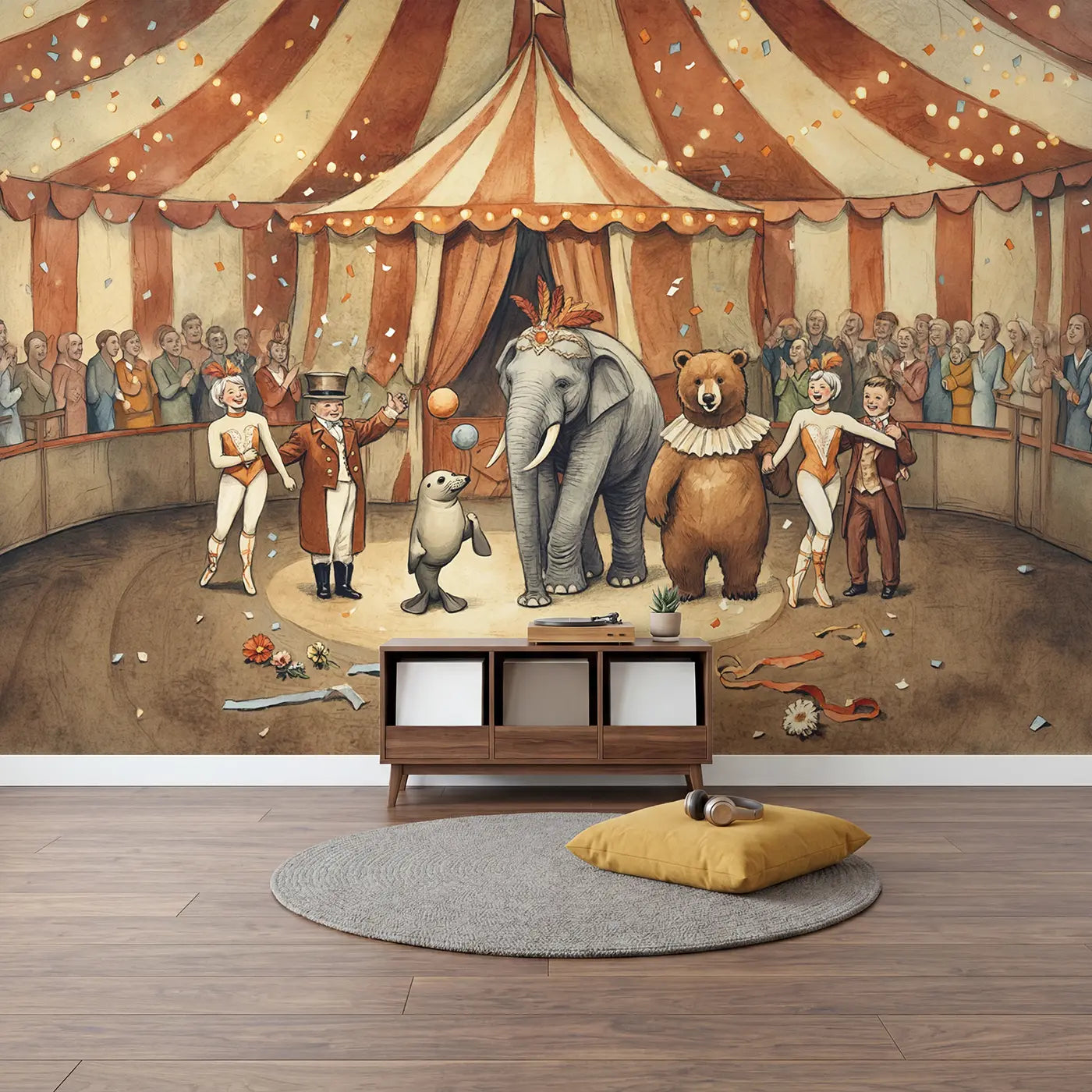 Circus Curtain Call Wallpaper Mural in playroom setting by Whimsy Tots