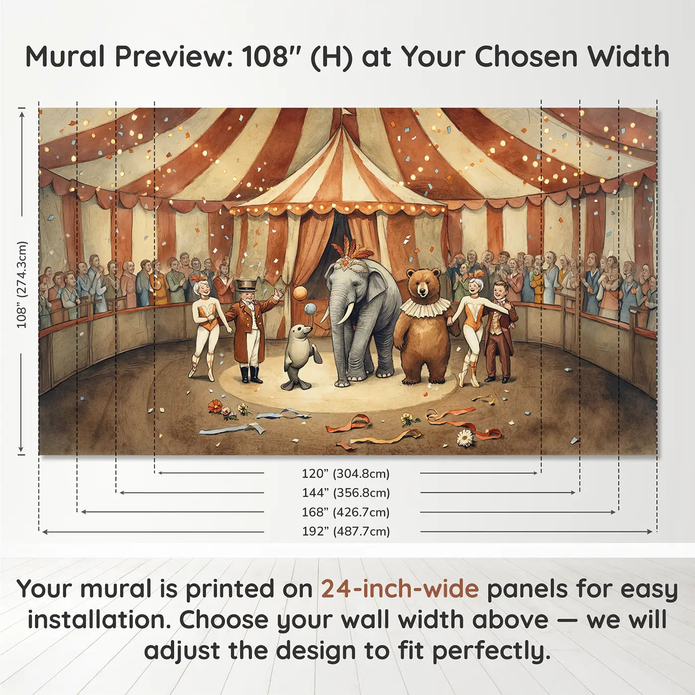 Panel layout and dimensions for Circus Curtain Call Wallpaper Mural by Whimsy Tots