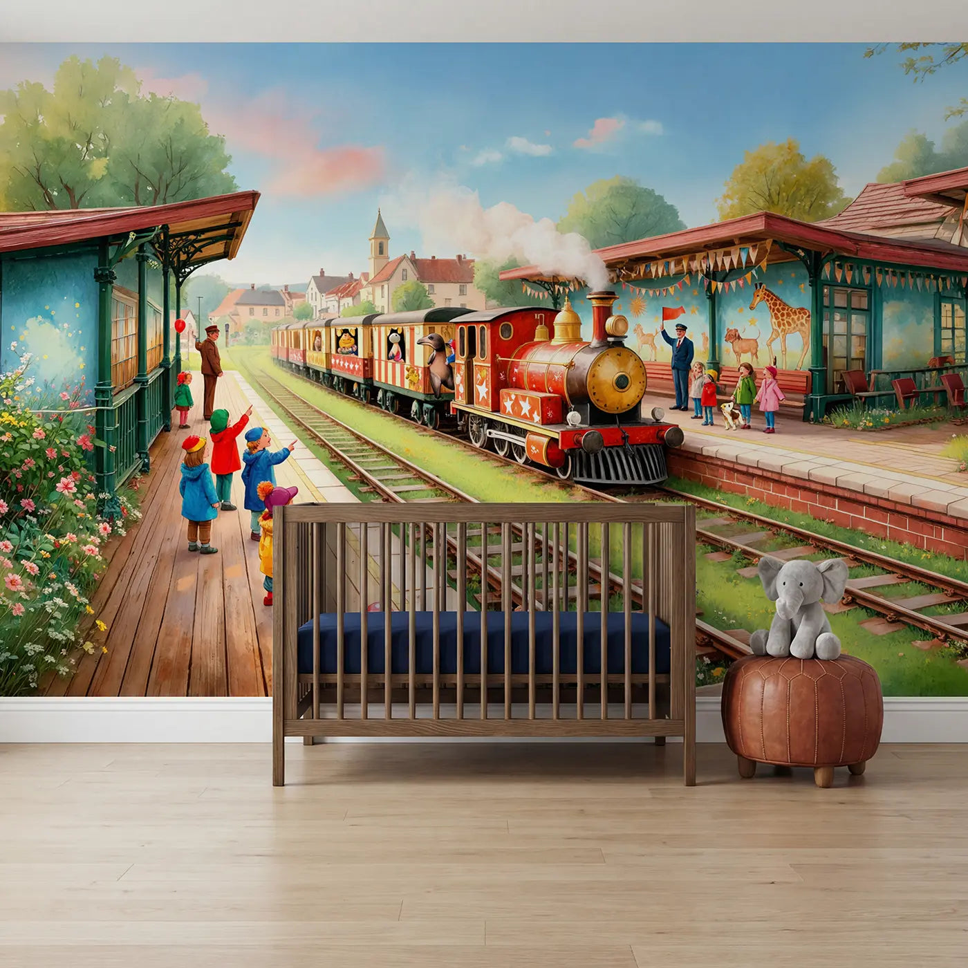 Soft pastel circus train elephant arrival wallpaper mural for nursery by Whimsy Tots