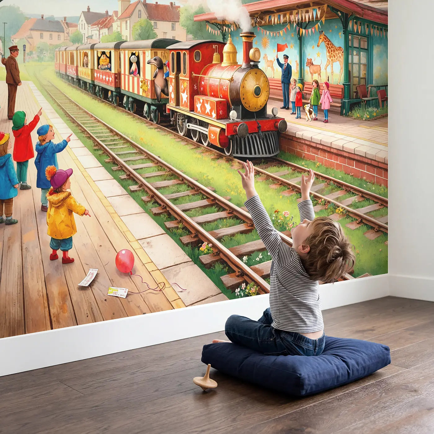 Child in nursery with Circus Train Arrival Morning Wallpaper Mural by Whimsy Tots