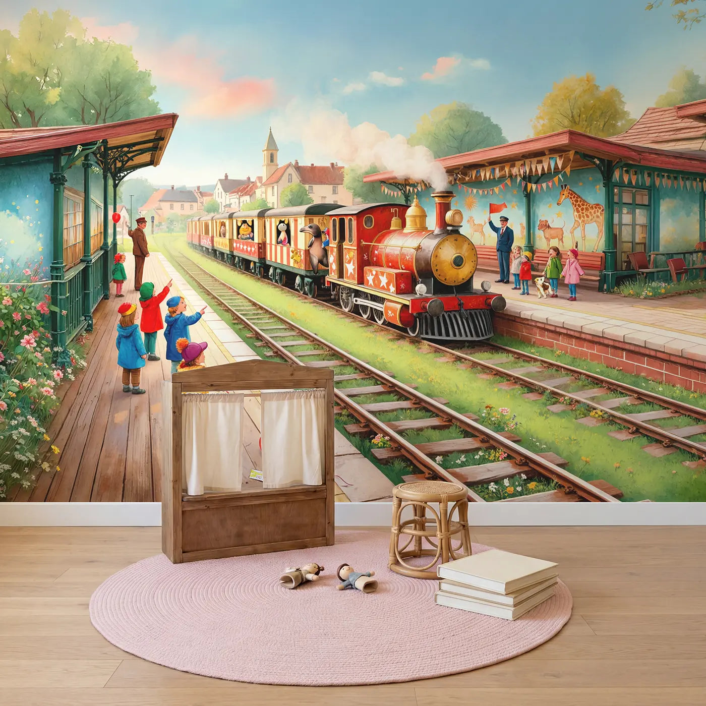 Circus Train Arrival Morning Wallpaper Mural in playroom setting by Whimsy Tots