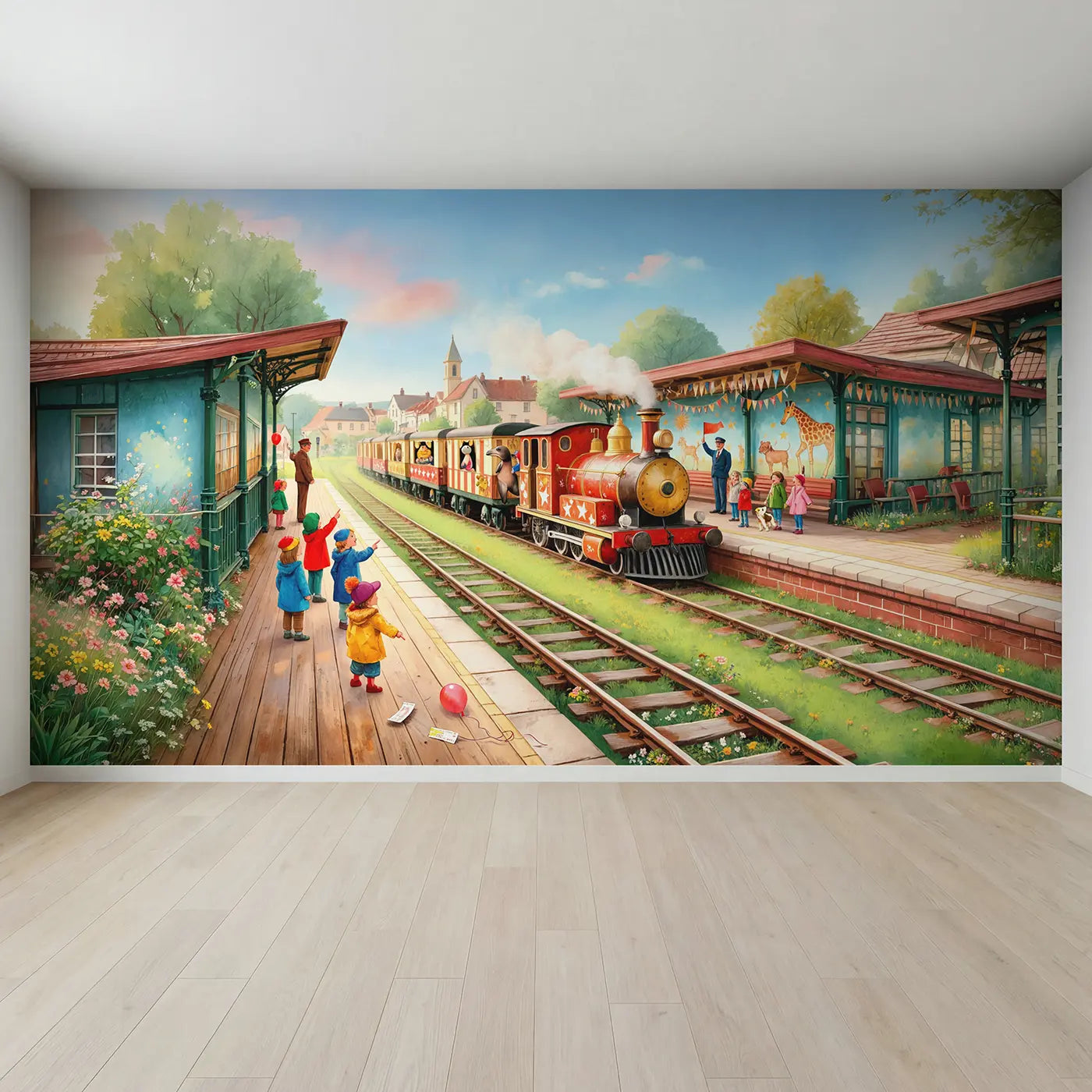 Full view of Circus Train Arrival Morning Wallpaper Mural by Whimsy Tots