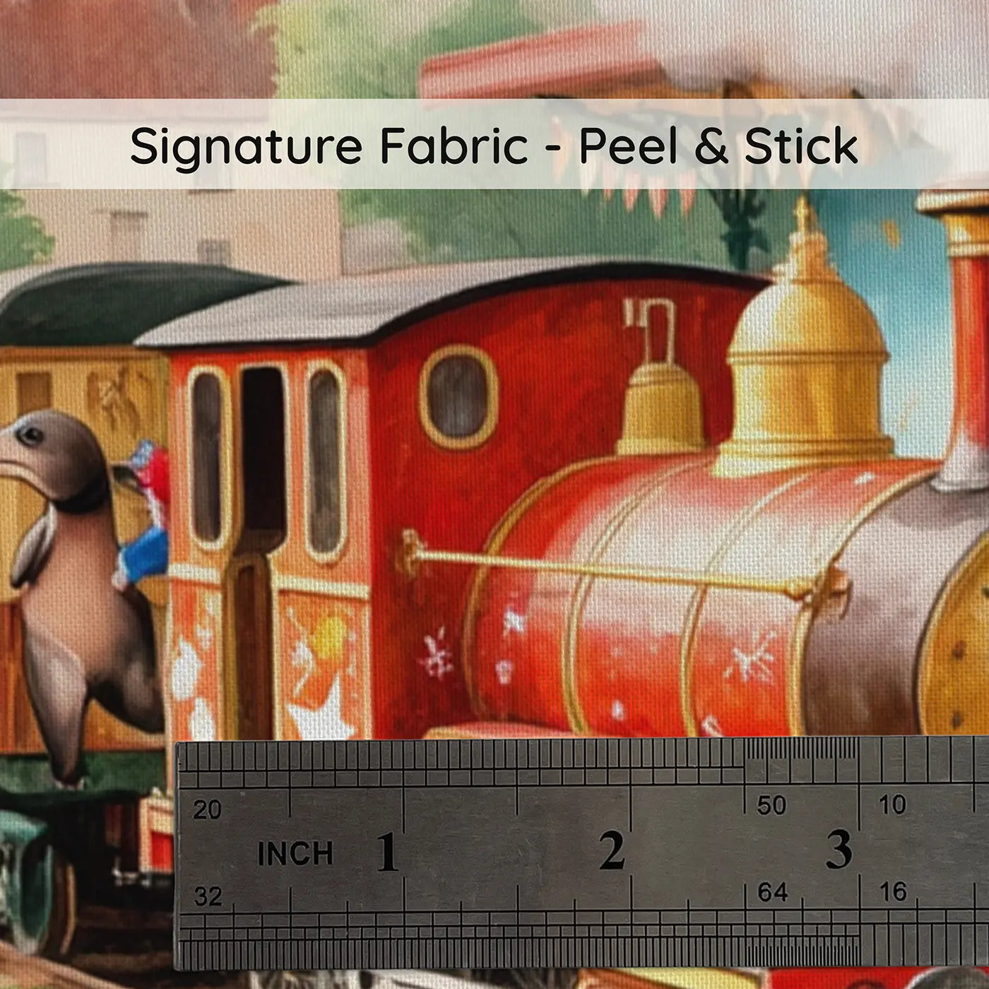 Fabric texture close-up of Circus Train Arrival Morning Wallpaper Mural by Whimsy Tots