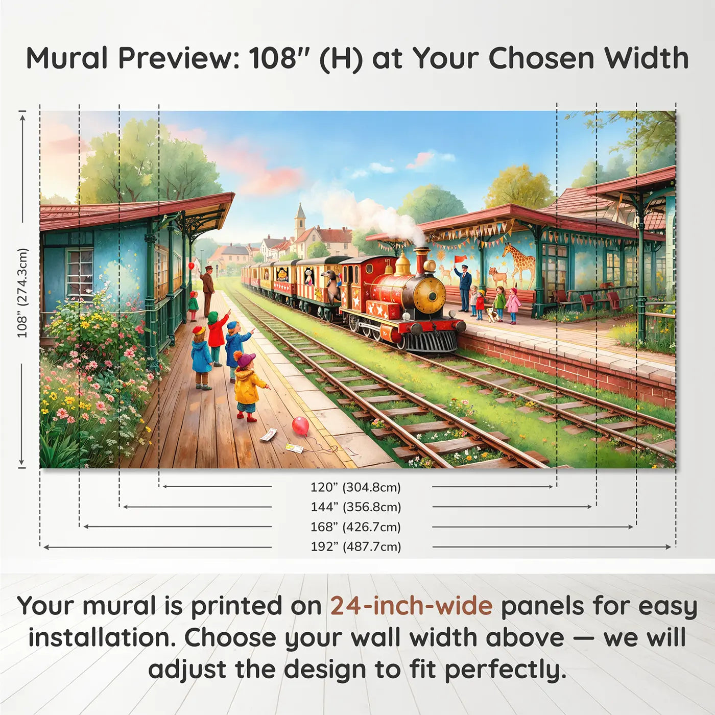 Panel layout and dimensions for Circus Train Arrival Morning Wallpaper Mural by Whimsy Tots