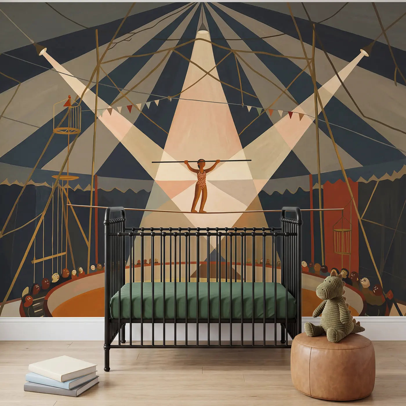 Modern illustration circus tightrope acrobat wallpaper mural for boys room by Whimsy Tots