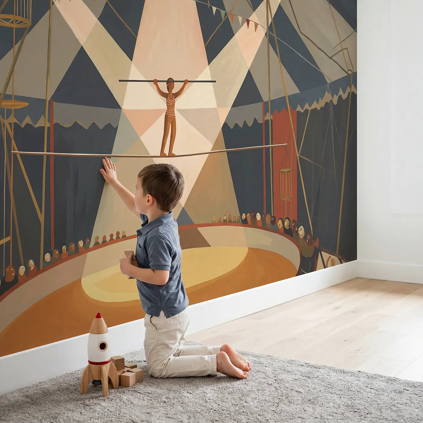 Child in nursery with Circus Tightrope Walker Wallpaper Mural by Whimsy Tots
