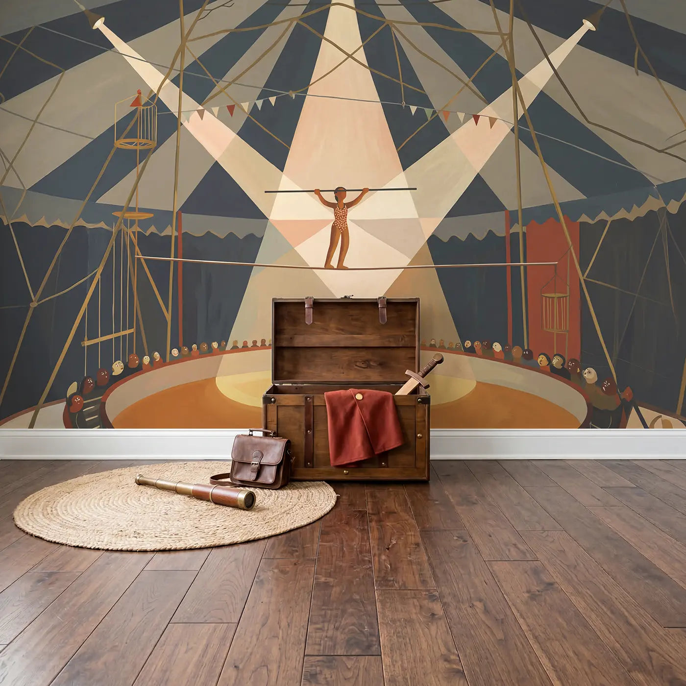 Circus Tightrope Walker Wallpaper Mural in playroom setting by Whimsy Tots