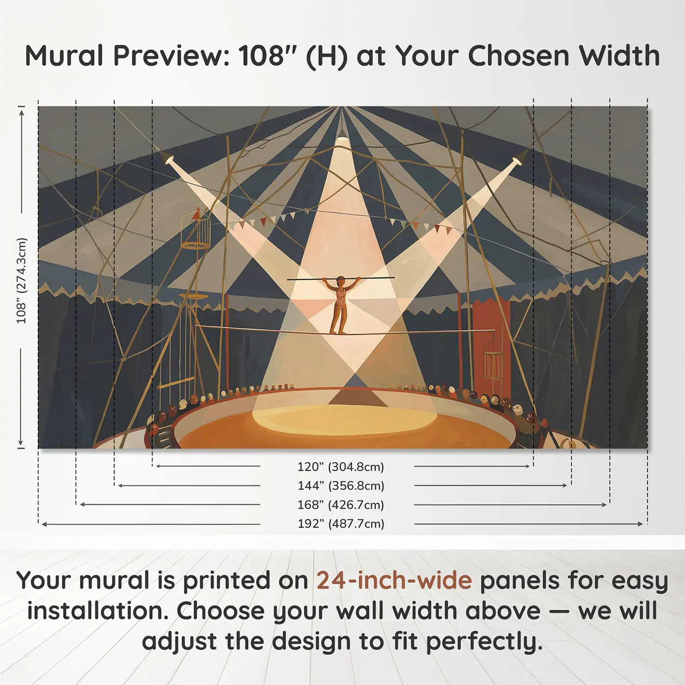 Panel layout and dimensions for Circus Tightrope Walker Wallpaper Mural by Whimsy Tots