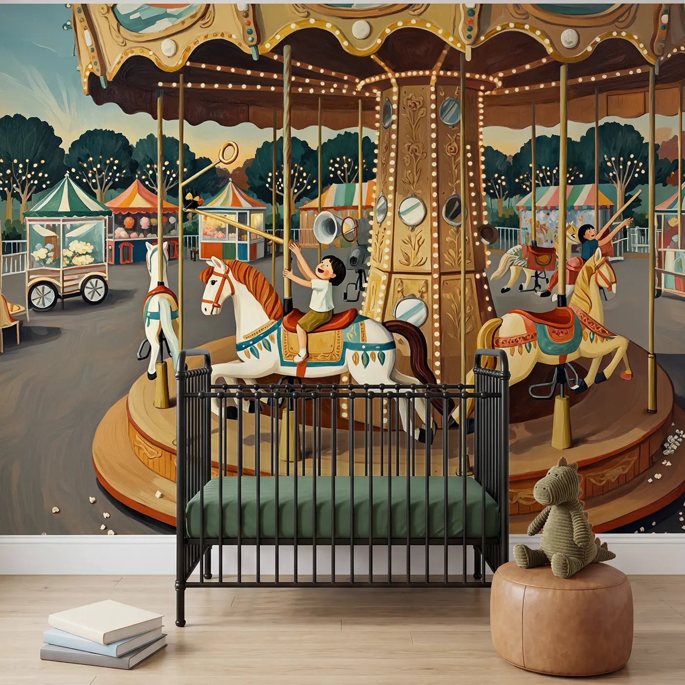 modern illustration carousel brass ring reach mural for boys room by Whimsy Tots