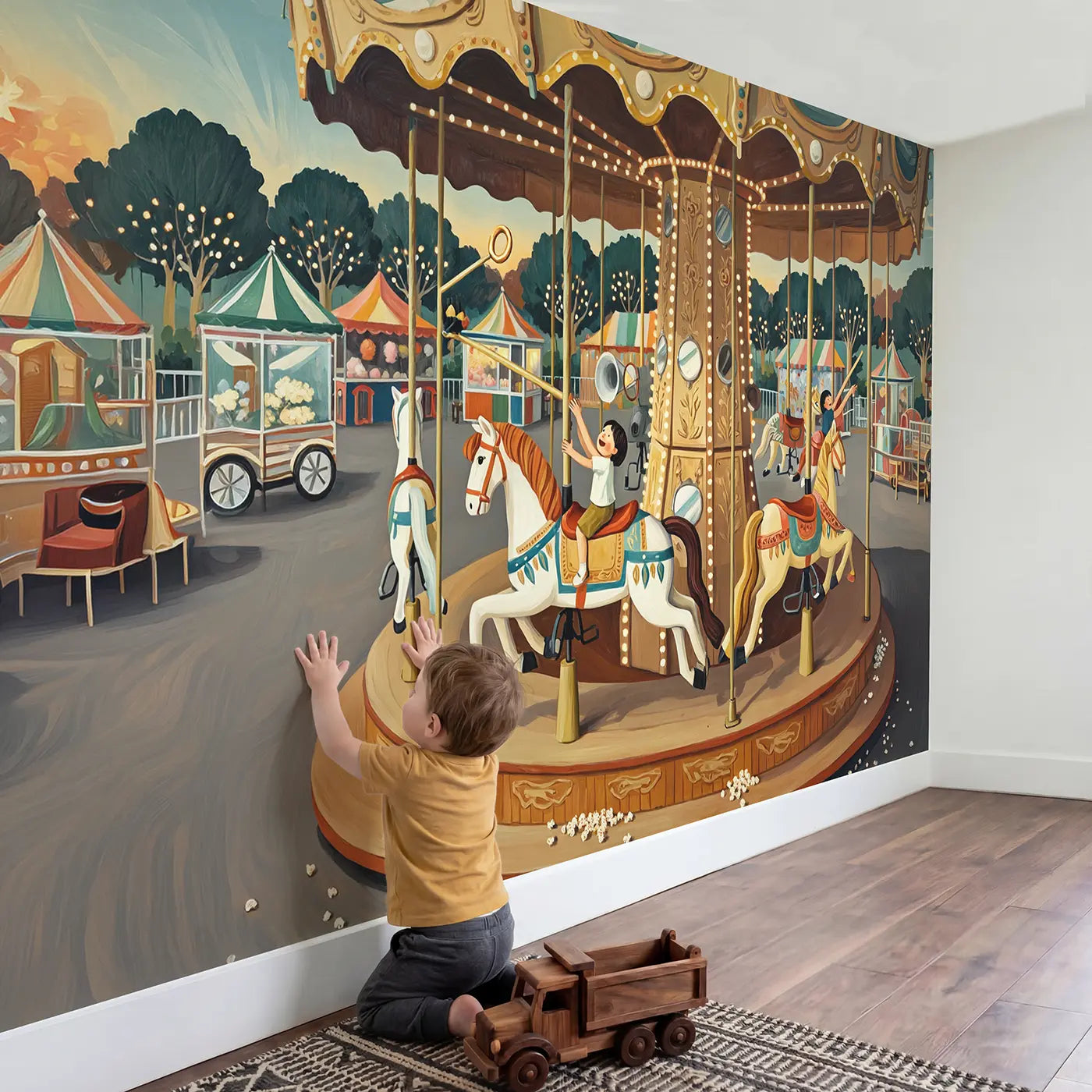 Child in nursery with Carousel Brass Ring Reach Wallpaper Mural by Whimsy Tots