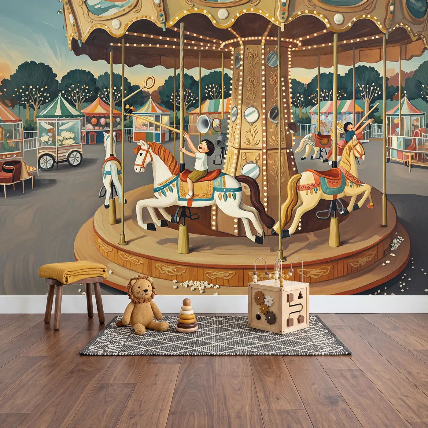 Carousel Brass Ring Reach Wallpaper Mural in playroom setting by Whimsy Tots