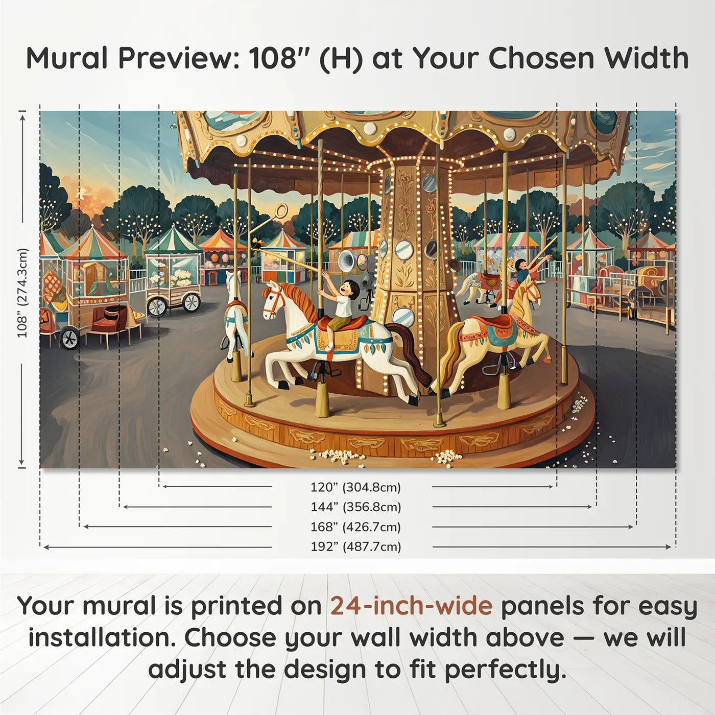 Panel layout and dimensions for Carousel Brass Ring Reach Wallpaper Mural by Whimsy Tots