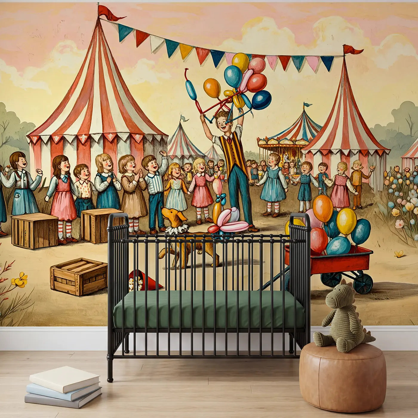 Block print circus balloon elephant wallpaper mural for boys room by Whimsy Tots