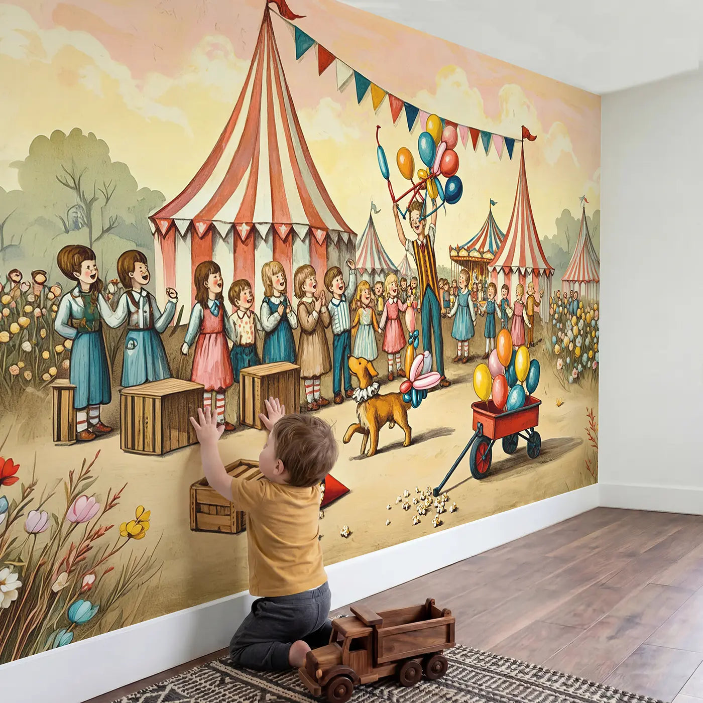 Child in nursery with Circus Balloon Artist Wallpaper Mural by Whimsy Tots