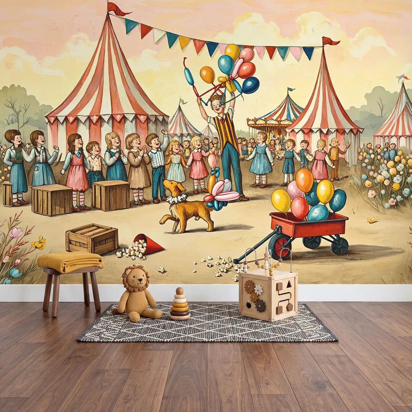 Circus Balloon Artist Wallpaper Mural in playroom setting by Whimsy Tots